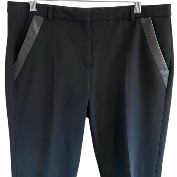 The Kooples Wool Pants Trousers Pleated Mid Rise Lamb Leather Trim Black 10 - Picture 2 of 8